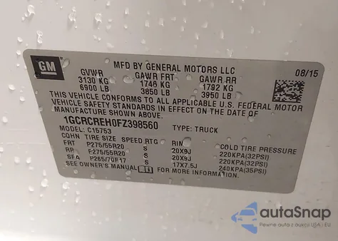 2015 Chevrolet Silverado 1500 1Lt z USA, uszkodzony, nr VIN 1GCRCREH0FZ398560